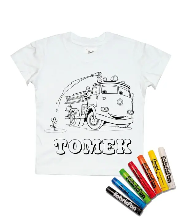 Koszulka do kolorowania + pastele Wóz Strażacki