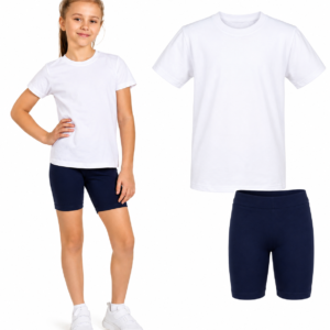 STRÓJ NA WF DLA DZIEWCZYNKI – BIAŁY T-SHIRT + KOLARKI GRANAT