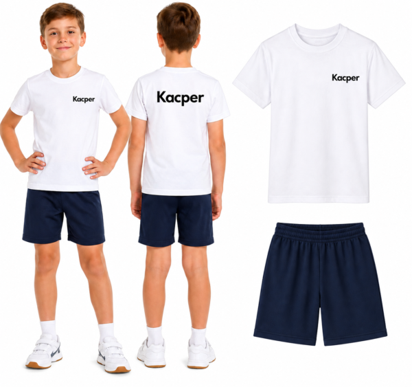 STRÓJ NA WF Z IMIENIEM – BIAŁA KOSZULKA + SPODENKI GRANAT