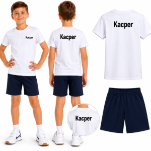 STRÓJ NA WF Z IMIENIEM – BIAŁY T-SHIRT + SPODENKI CZARNE