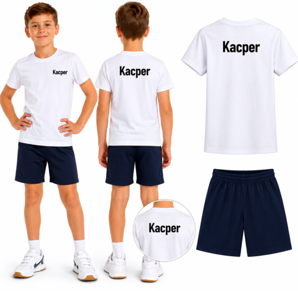 STRÓJ NA WF Z IMIENIEM – BIAŁY T-SHIRT + SPODENKI CZARNE