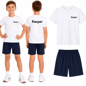 STRÓJ NA WF Z IMIENIEM – BIAŁY T-SHIRT + SPODENKI GRANAT
